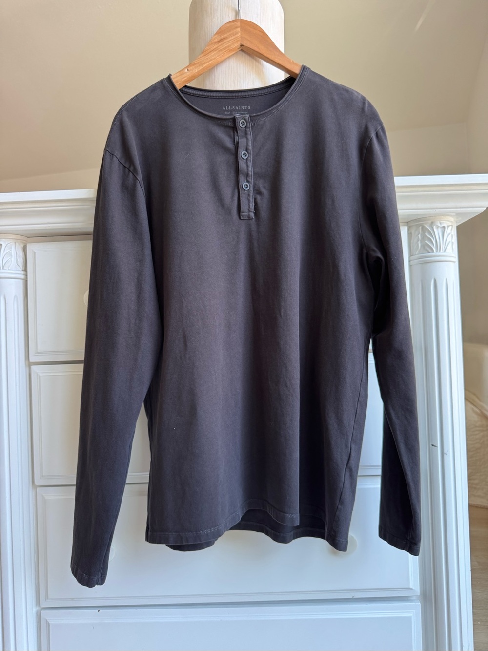 AllSaints Organic Cotton Long Sleeve Henley Shirt Charcoal Gray Size S